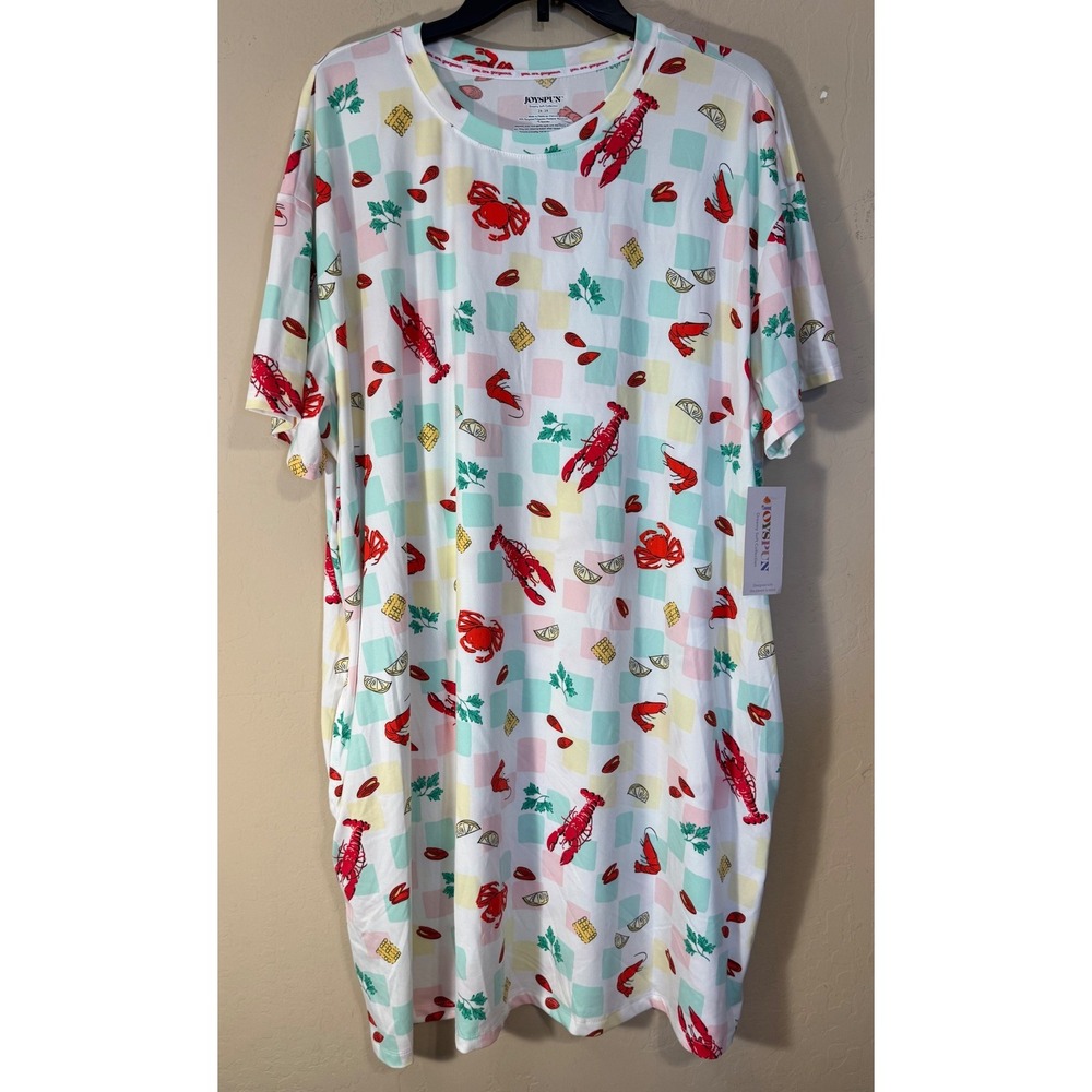 Joyspun Sleepshirt Women 2X-3X White Lobster Crab Seafood Print Nightgown NEW